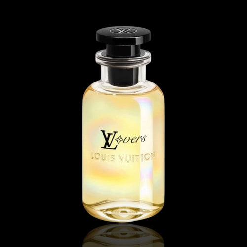 Louis Vuitton Lovers bottle with golden-tinted glass and black cap on a black reflective background.