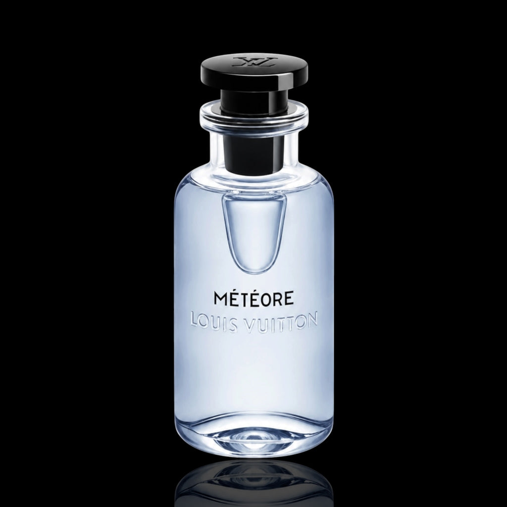 Louis Vuitton Météore bottle with light blue-tinted glass and black cap on a black reflective background.