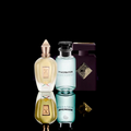 Xerjoff Naxos, Louis Vuitton Imagination, and Initio rehab bottles displayed together on a black background with reflective surface