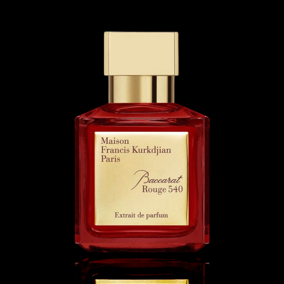 Maison Francis Kurkdjian Baccarat Rouge 540 Extrait perfume bottle with red glass and gold cap on a light background
