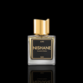 Nishane Ani bottle with clear glass, black label, and gold cap on a black background