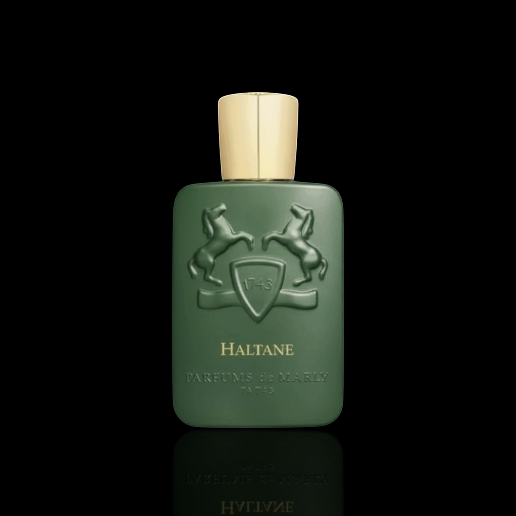 Parfums de Marly Haltane bottle with matte green finish and gold cap on a black reflective background.