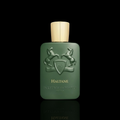 Parfums de Marly Haltane bottle with matte green finish and gold cap on a black reflective background.