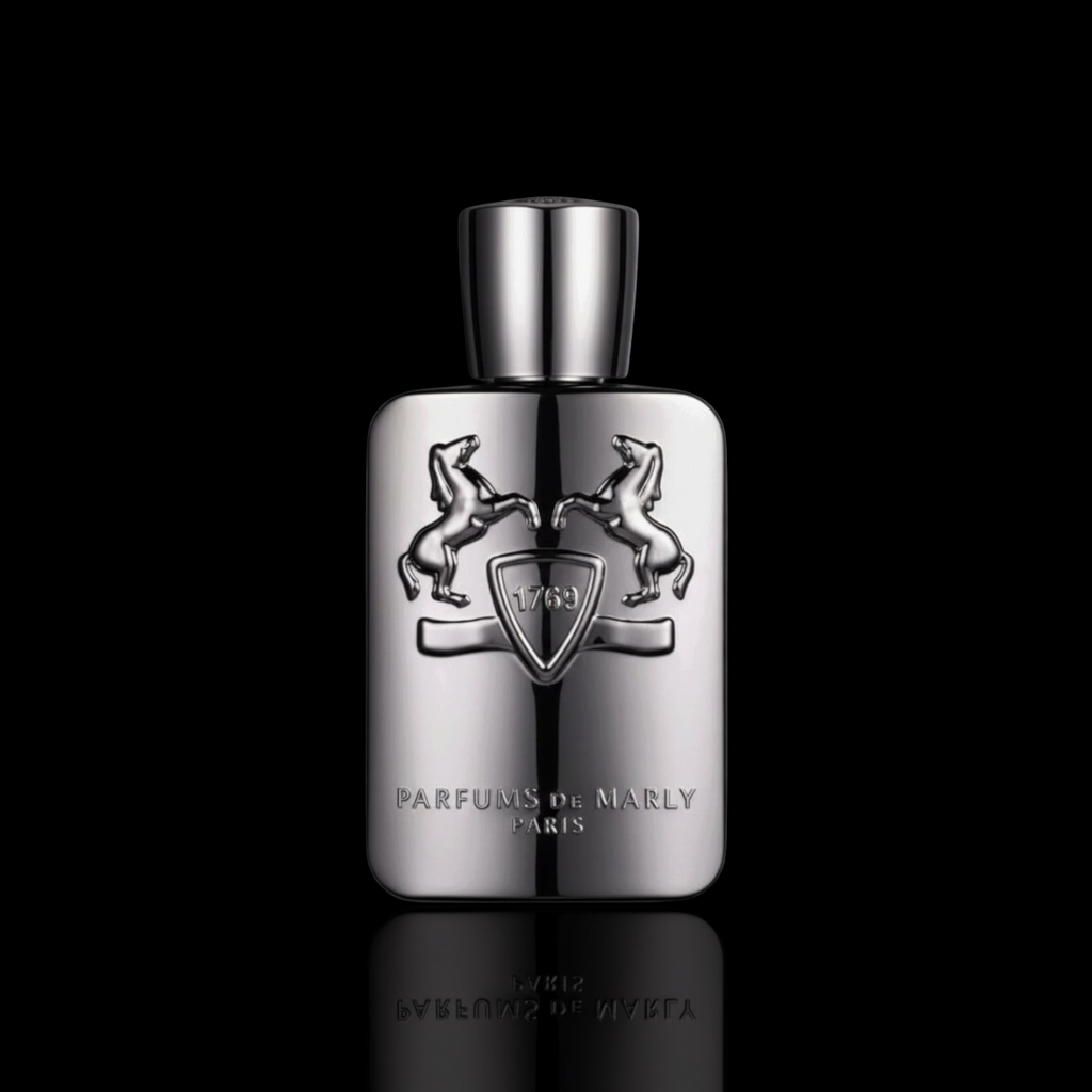 Parfums de Marly Pegasus bottle with metallic silver finish and black cap on a black reflective background.