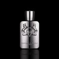 Parfums de Marly Pegasus bottle with metallic silver finish and black cap on a black reflective background.