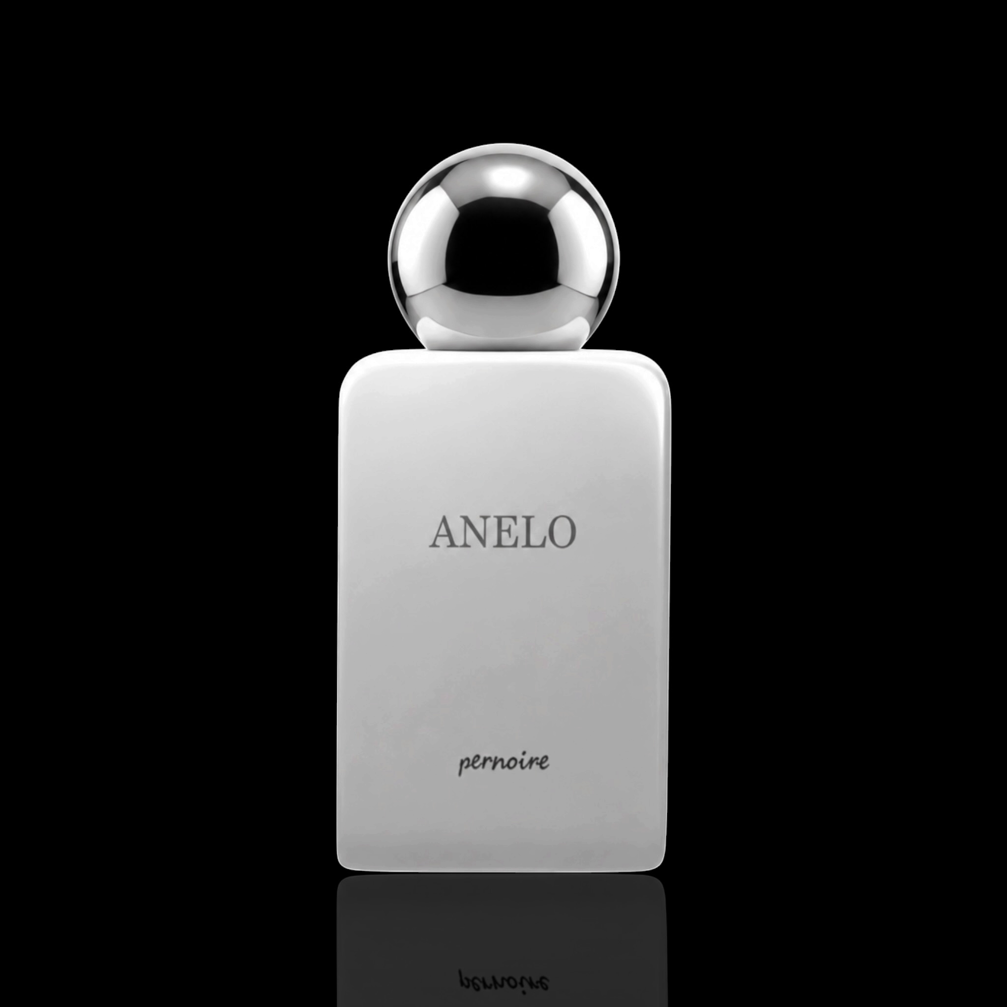Pernoire Anelo bottle with matte white finish and chrome sphere cap on a black background