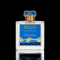 Roja Parfums Oceania bottle with blue and gold artwork on clear glass against a black reflective background.