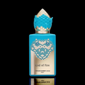 Stephane Humbert Lucas God of Fire bottle with turquoise blue design and decorative cap on a black background