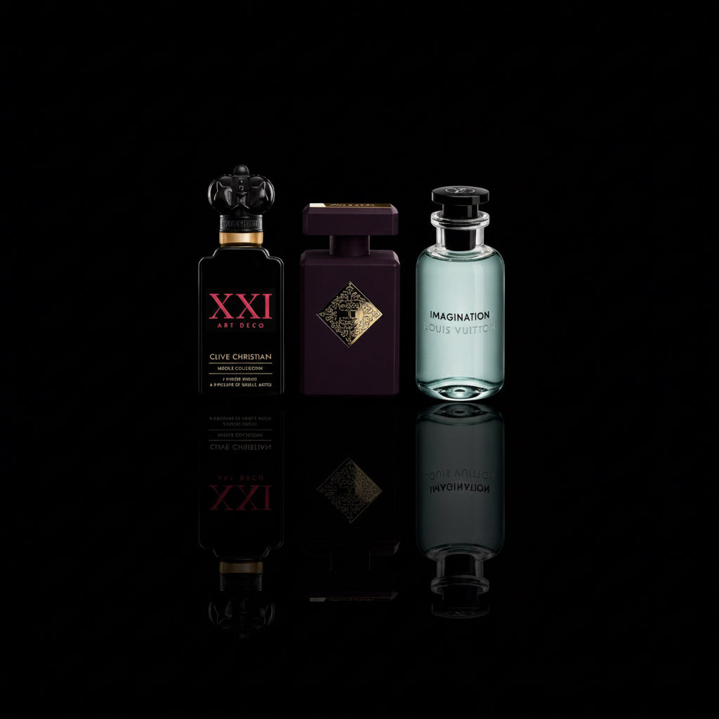 Louis Vuitton Imagination, Initio Side Effect, and Clive Christian Blonde Amber XXI Art Deco On a black background 