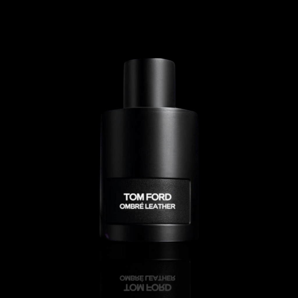 Tom Ford Ombré Leather bottle with matte black design and black cap on a black reflective background.