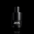 Tom Ford Ombré Leather bottle with matte black design and black cap on a black reflective background.