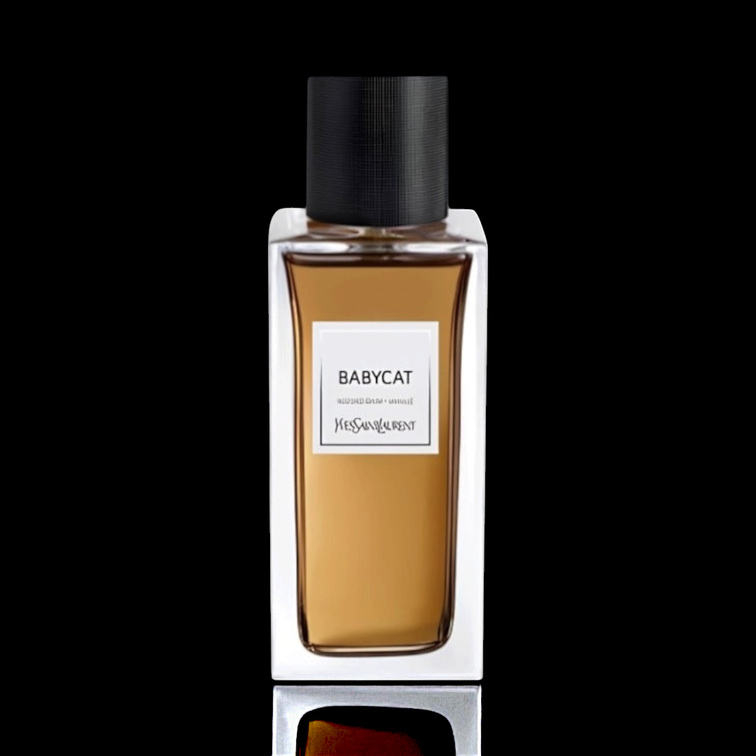 Yves Saint Laurent Babycat bottle with amber-colored fragrance and black cap on a black reflective background.