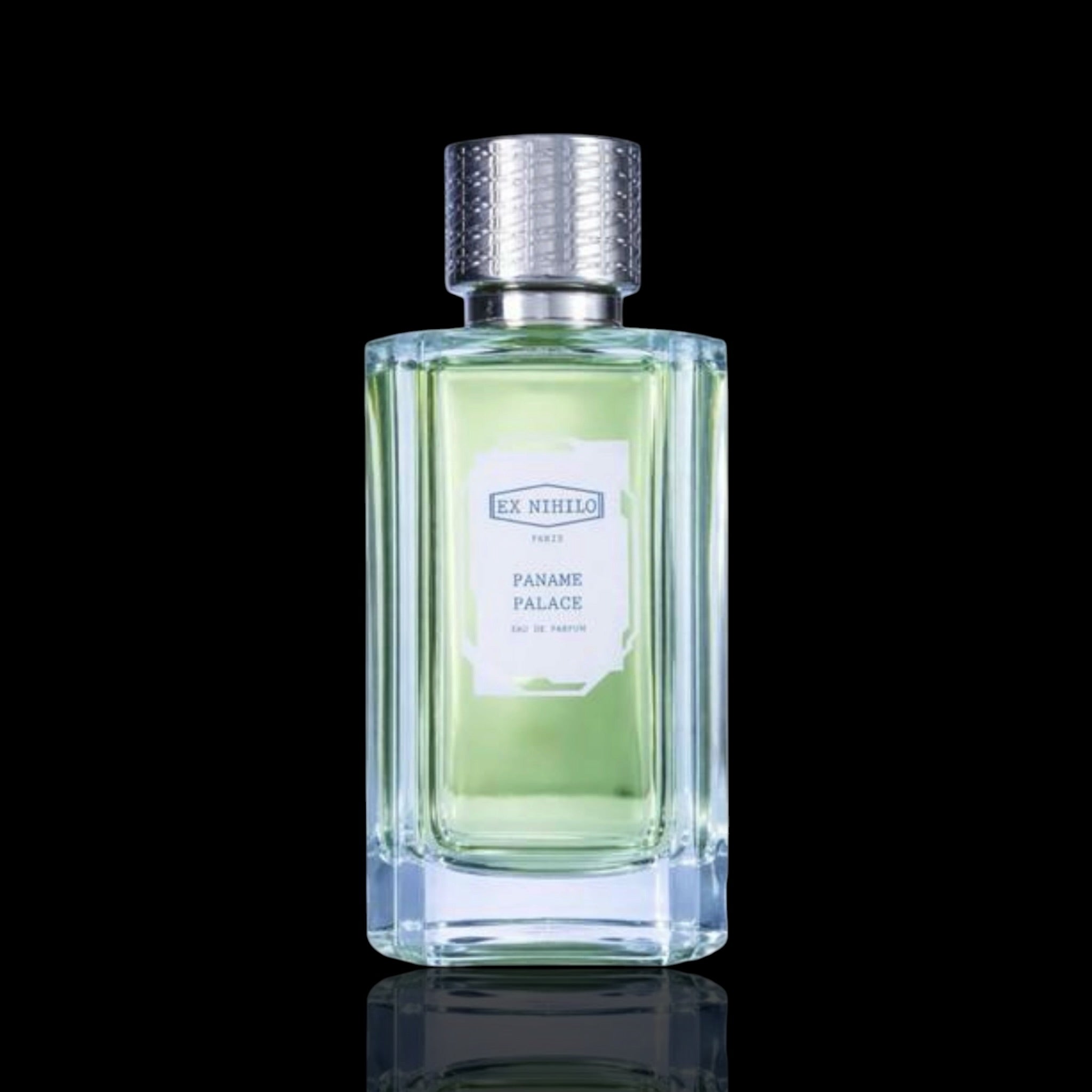 Perfume Ex Nihilo Paname Palace bottle with a clear label on a black background