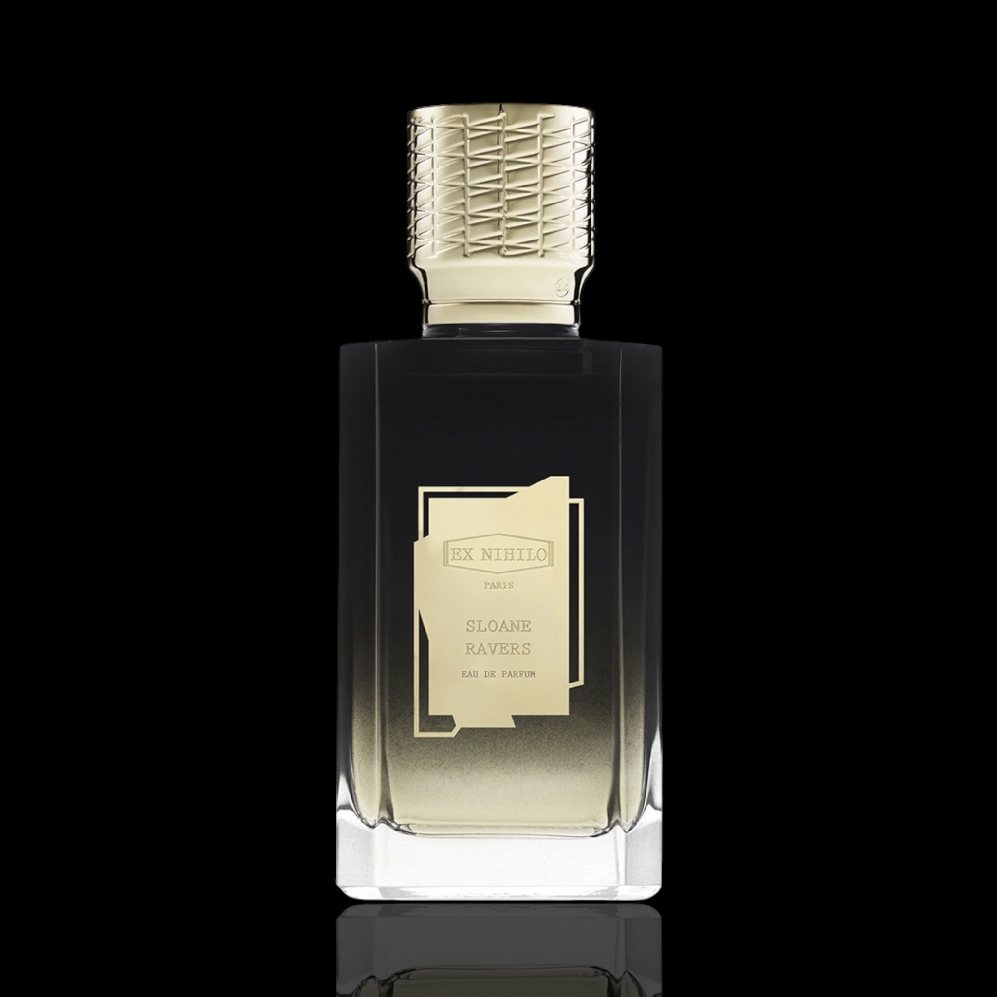 Perfume Ex Nihilo Sloane Ravers bottle with decorative cap on a black background
