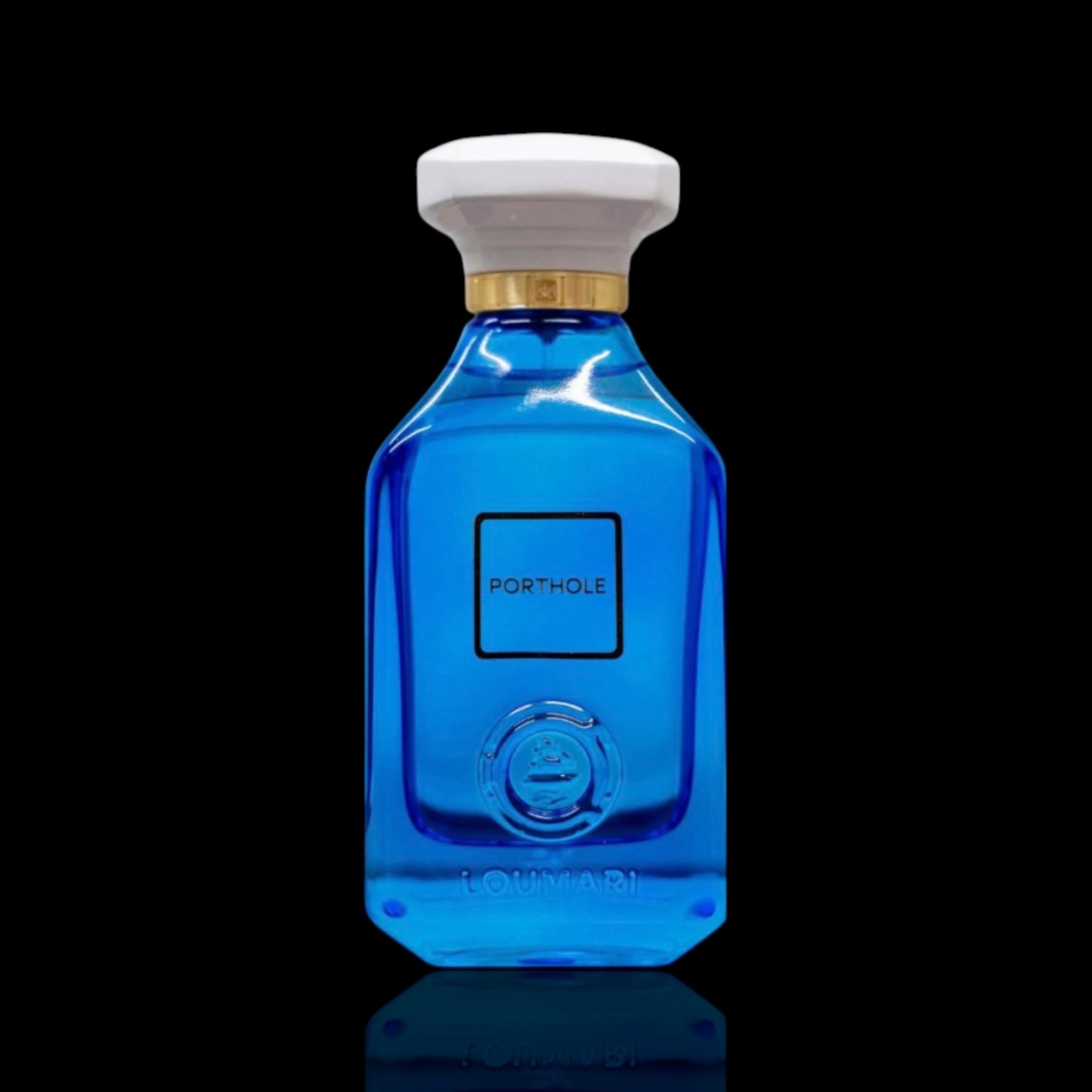 A blue glass Loumari Porthole perfume bottle with a white cap and a gold band, featuring the brand name 'PORTHOLE' on the front, set against a solid black background.