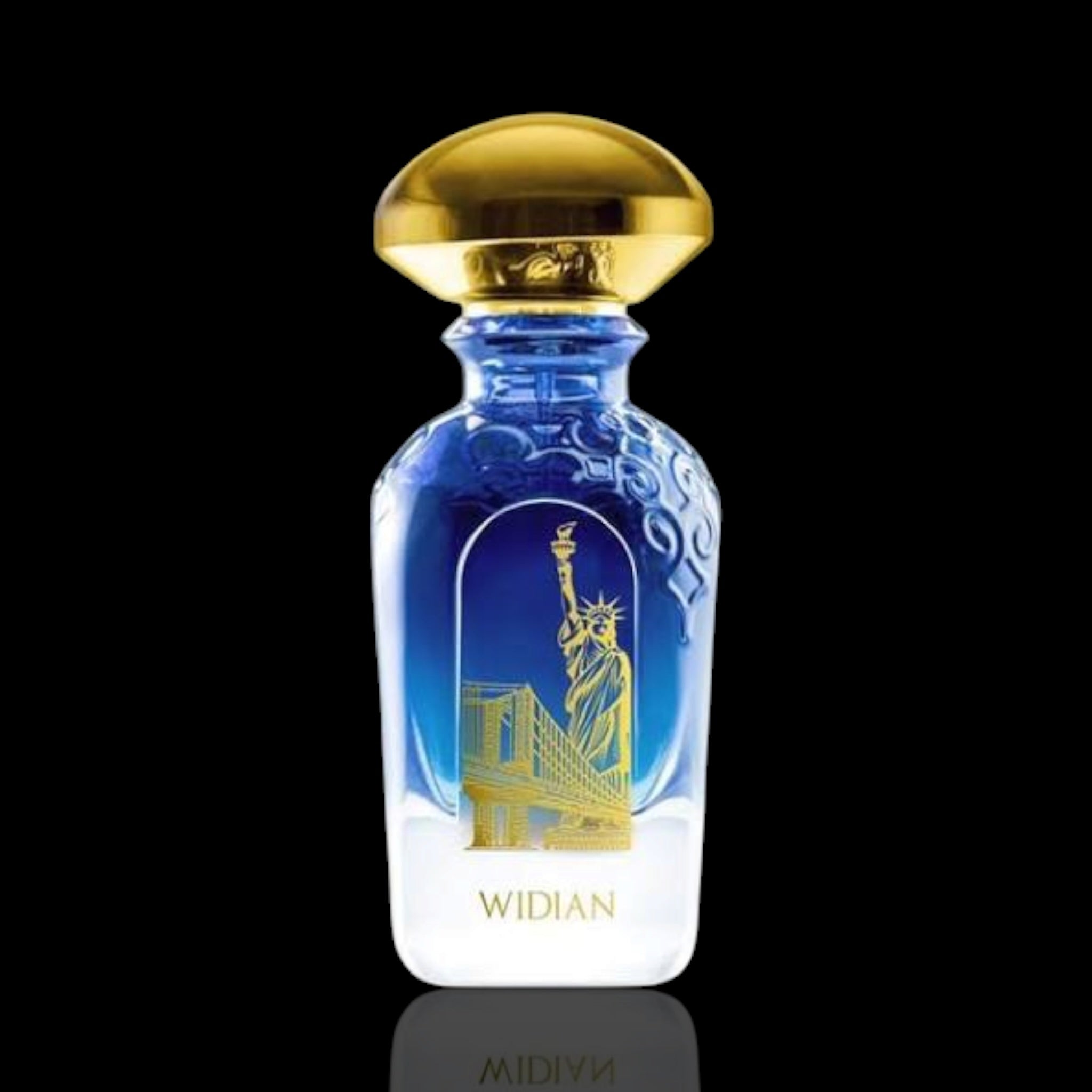 A blue and white glass perfume bottle with a metallic gold cap and a gold Statue of Liberty and Brooklyn Bridge graphic on the front, labeled WIDIAN. The bottle is centered against a solid black background with a faint reflection below.