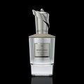 A clear glass perfume bottle with a metallic silver cap and a silver label reading 'MIND GAMES THE FORWARD PARFUMS DE MARLY', centered on a black background.
