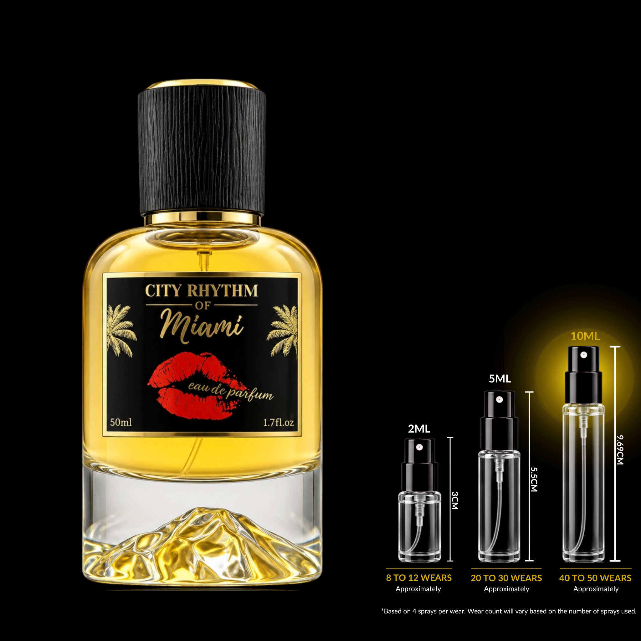 A 50ml perfume bottle labeled 'City Rhythm of Miami' with a black cap and black label, shown on a black background with three smaller spray vials indicating 2ML, 5ML, and 10ML sizes and spray counts.