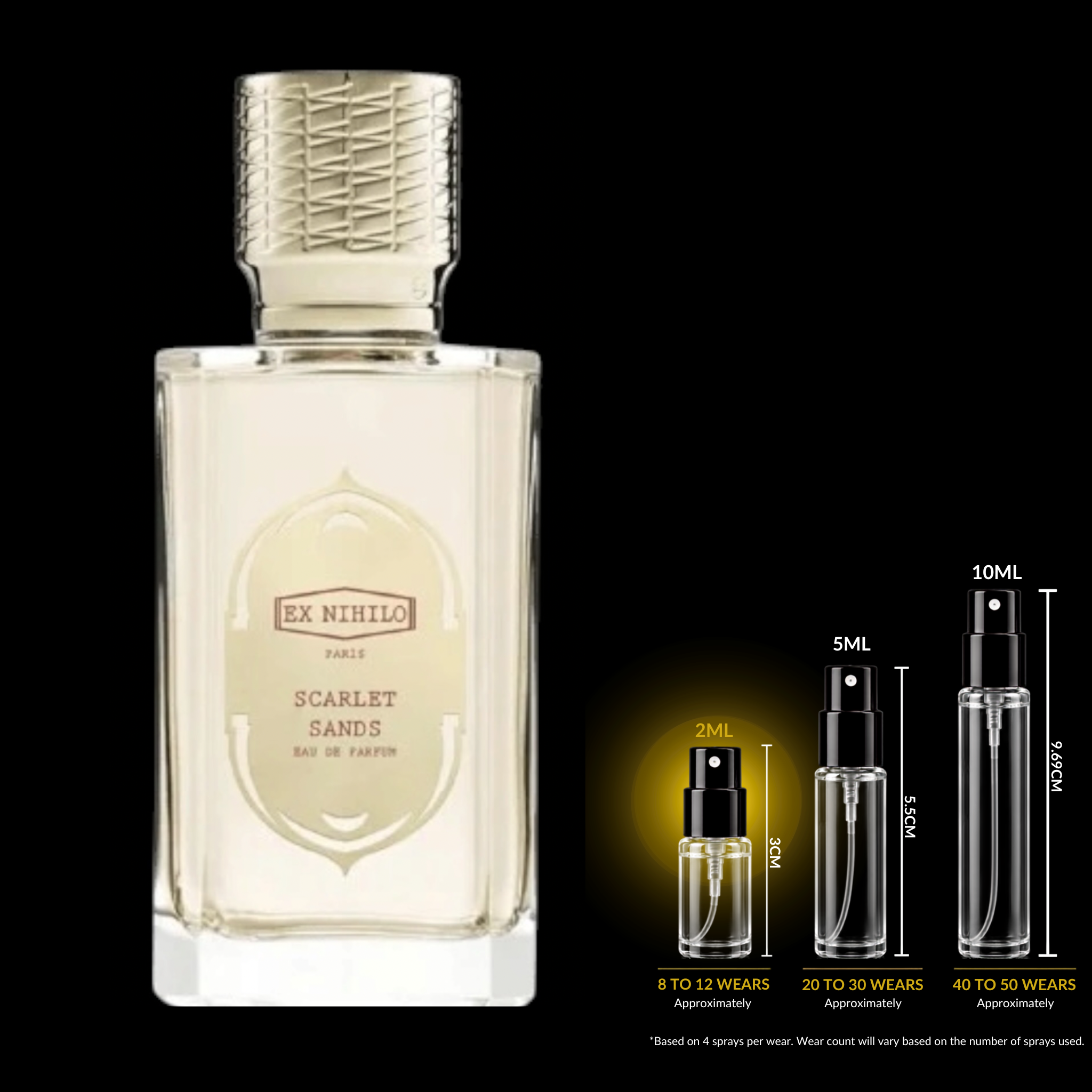 A clear rectangular perfume bottle labeled Ex Nihilo Paris Scarlet Sands Eau de Parfum, shown on a black background with three smaller spray vials indicating 2mL, 5mL, and 10mL sizes and spray counts.