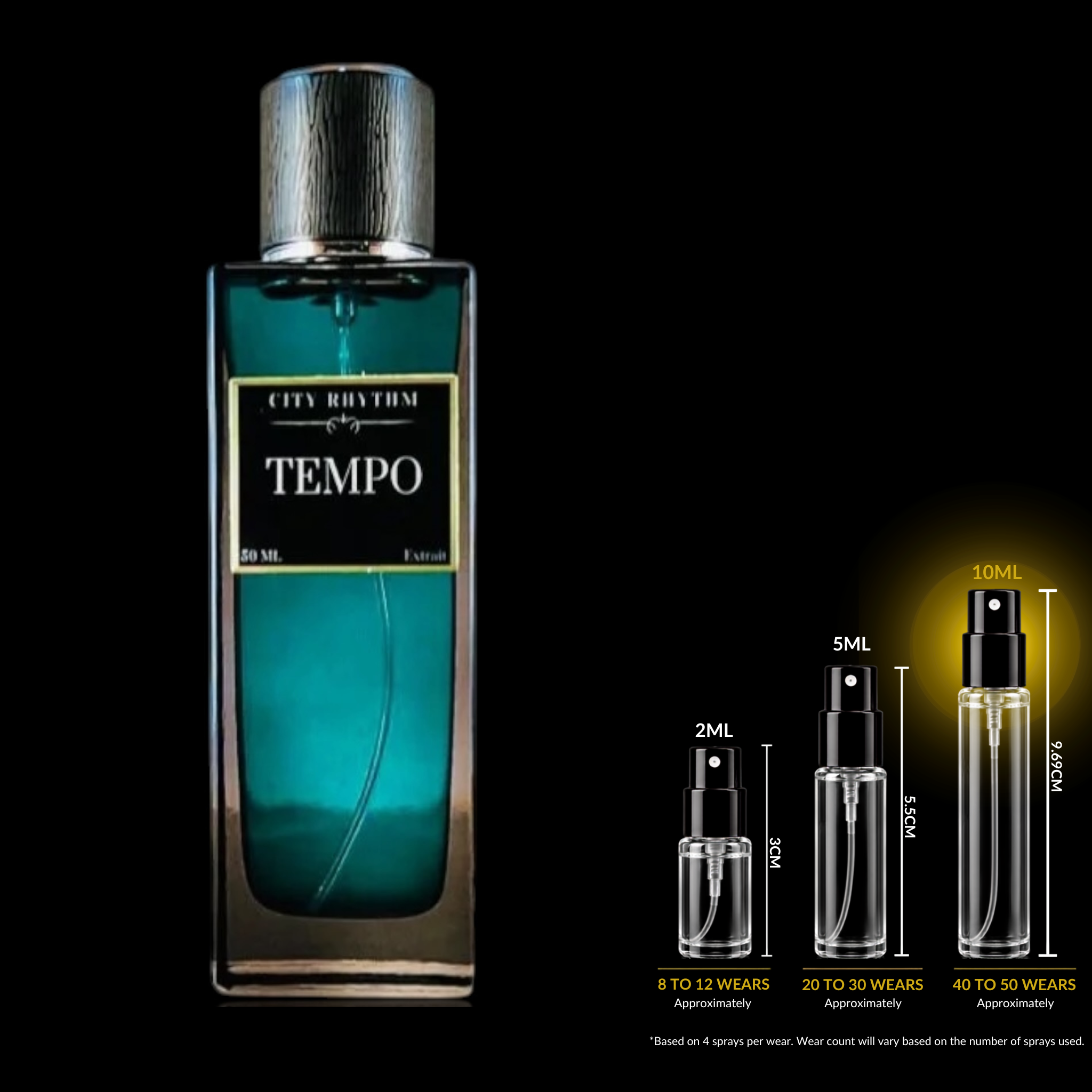 A rectangular glass perfume bottle labeled 'City Rhythm by Tempo' with teal liquid and a silver cap, shown on a black background beside three small spray vials indicating 2ML, 5ML, and 10ML sizes.