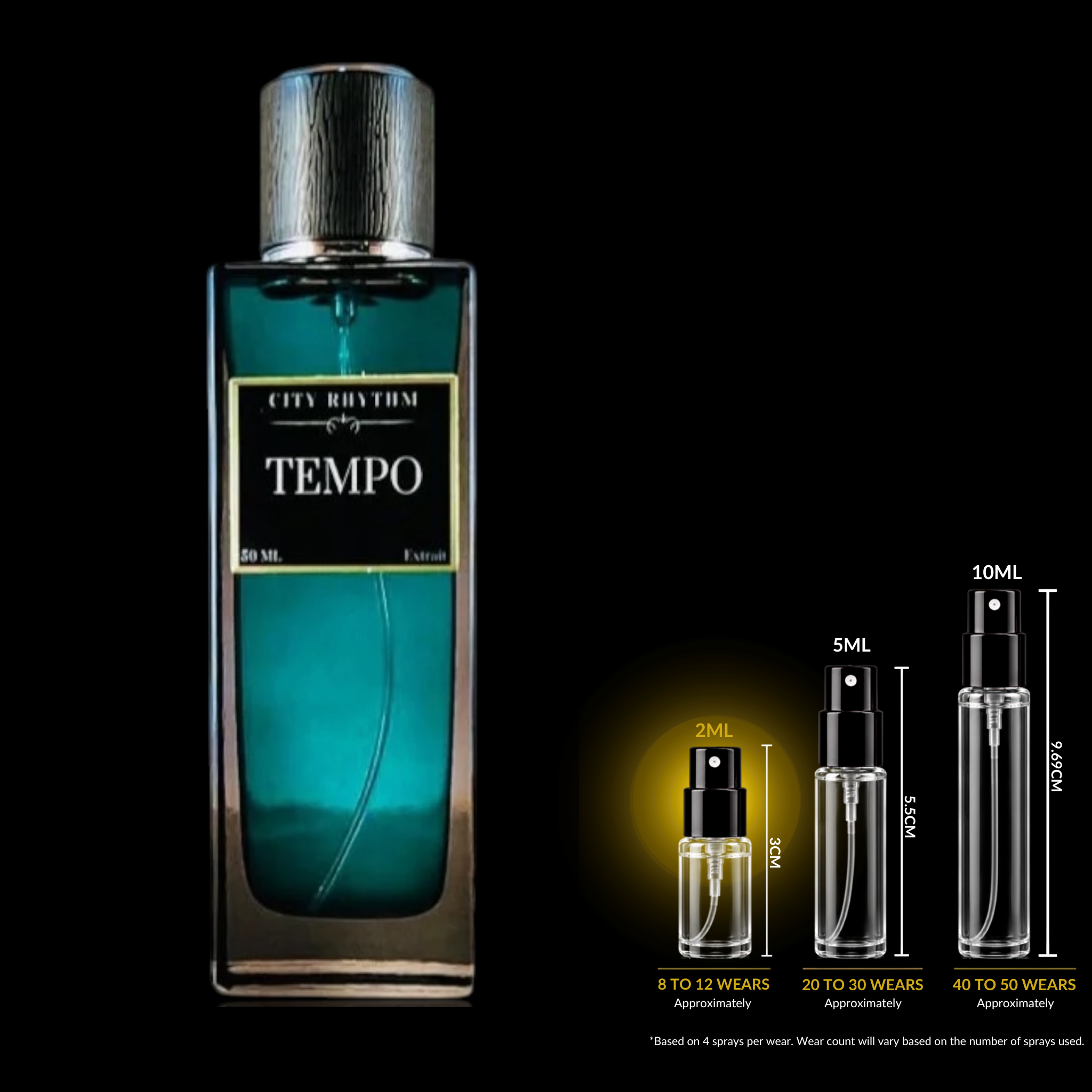 A rectangular glass perfume bottle labeled 'City Rhythm by Tempo' with teal-blue liquid and a silver cap, shown on a black background with three smaller spray vial size options labeled 2ML, 5ML, and 10ML.