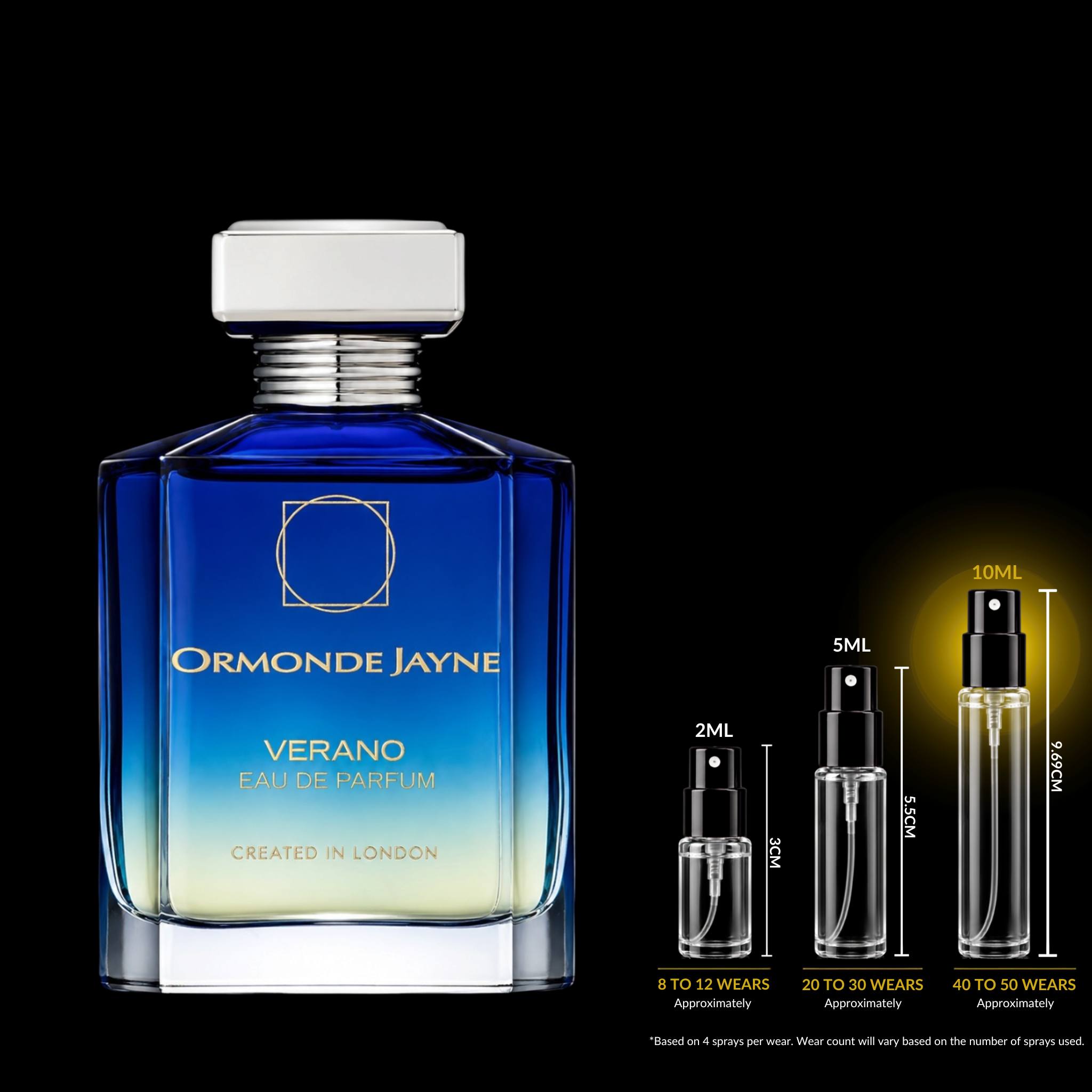 Ormonde Jayne Verano Eau de Parfum bottle in a blue-to-yellow gradient glass, shown alongside three small refill spray vials (2ML, 5ML, 10ML) on a black background.