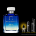 Ormonde Jayne Verano Eau de Parfum bottle in cobalt blue glass with a silver cap, shown on a black background with three smaller spray bottles indicating 2ml, 5ml, and 10ml sizes and approximate spray counts.