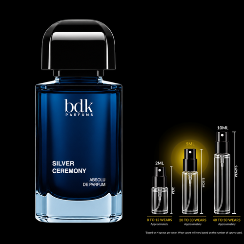 BDK Parfums Silver Ceremony source bottle shown with Rare Reserve Group 5ml fragrance decant atomizer. Original retail bottle not included.