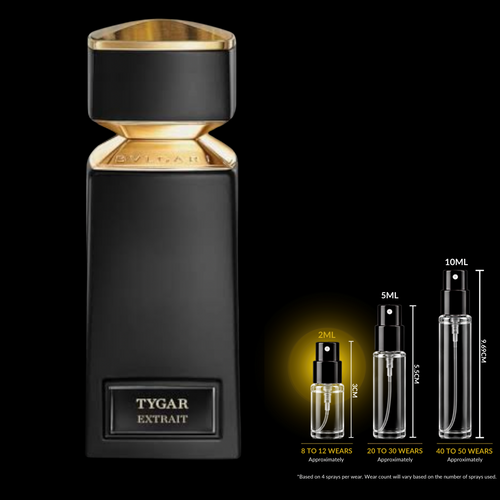 Bvlgari Tygar Extrait fragrance source bottle shown with Rare Reserve Group decant atomizers. Original retail bottle not included.