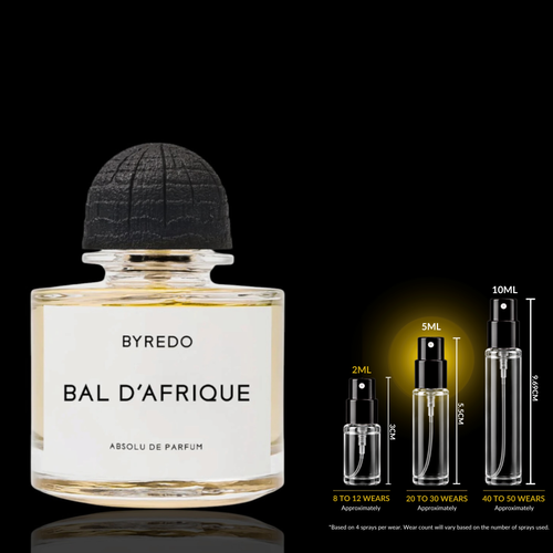 Byredo Bal d’Afrique Absolu fragrance source bottle shown with Rare Reserve Group decant atomizers. Original retail bottle not included.