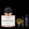 Byredo Mojave Ghost Absolu source bottle shown with Rare Reserve Group 2ml fragrance decant atomizer. Original retail bottle not included.