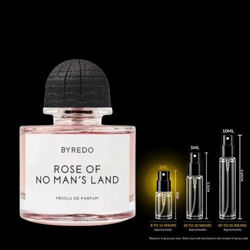 Byredo Rose of No Man’s Land Absolu fragrance source bottle shown with Rare Reserve Group decant atomizers. Original retail bottle not included.