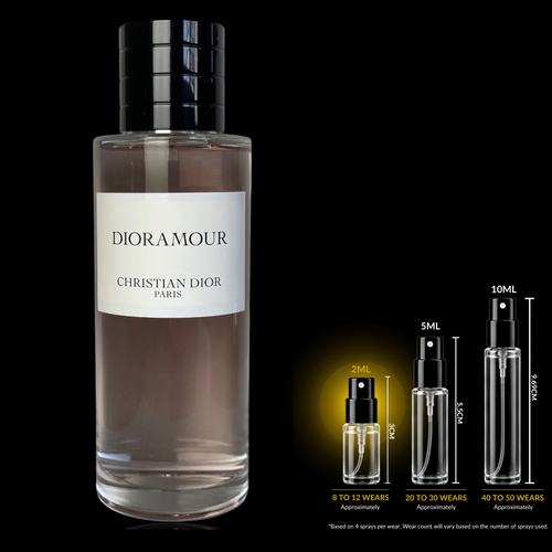 Christian Dior Dioramour EDP fragrance source bottle shown with Rare Reserve Group decant atomizers. Original retail bottle not included.