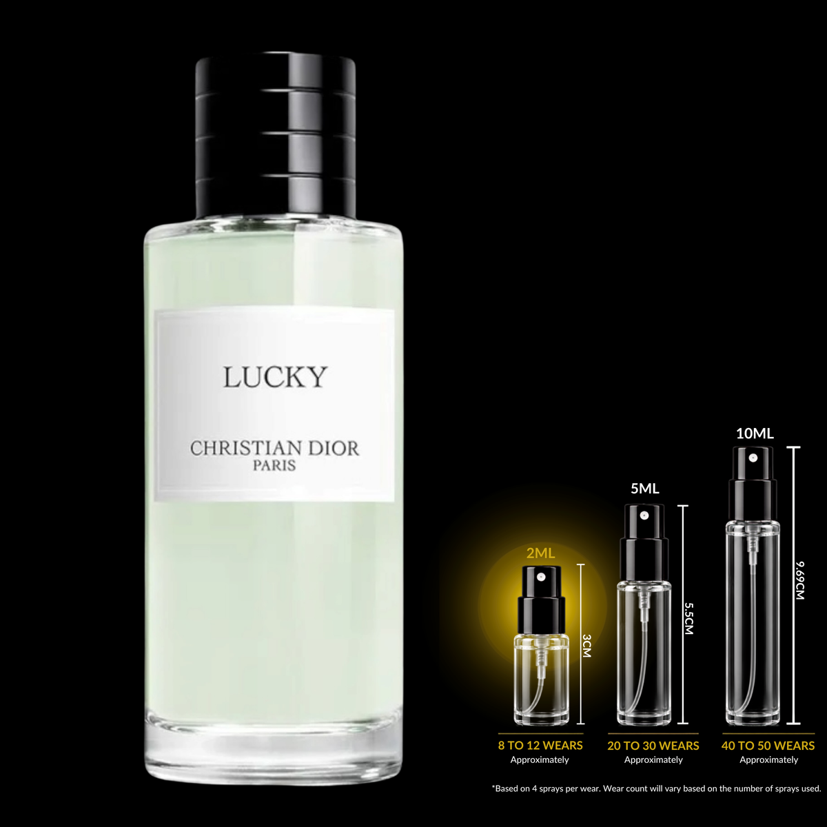 Christian Dior Lucky EDP source bottle shown with Rare Reserve Group 2ml fragrance decant atomizer. Original retail bottle not included.