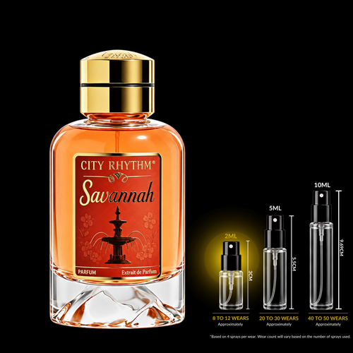City Rhythm Savannah fragrance source bottle shown with decant atomizers; 2ML size highlighted. Original retail bottle not included.