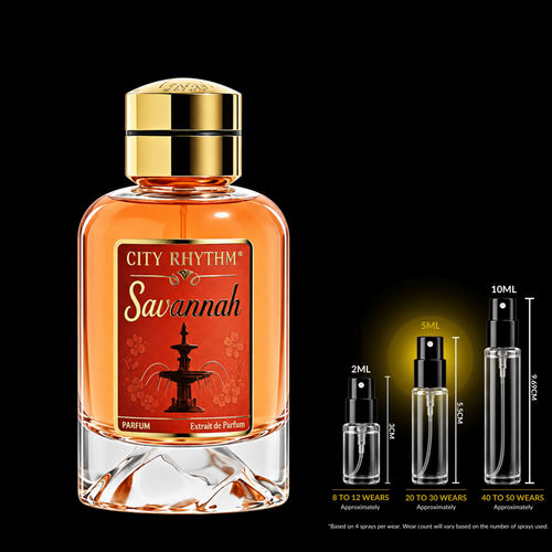 City Rhythm Savannah source bottle shown with Rare Reserve Group 5ml fragrance decant atomizer. Original retail bottle not included.