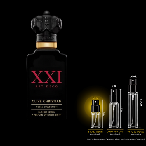 Clive Christian Blonde Amber source bottle shown with Rare Reserve Group 2ml fragrance decant atomizer. Original retail bottle not included.