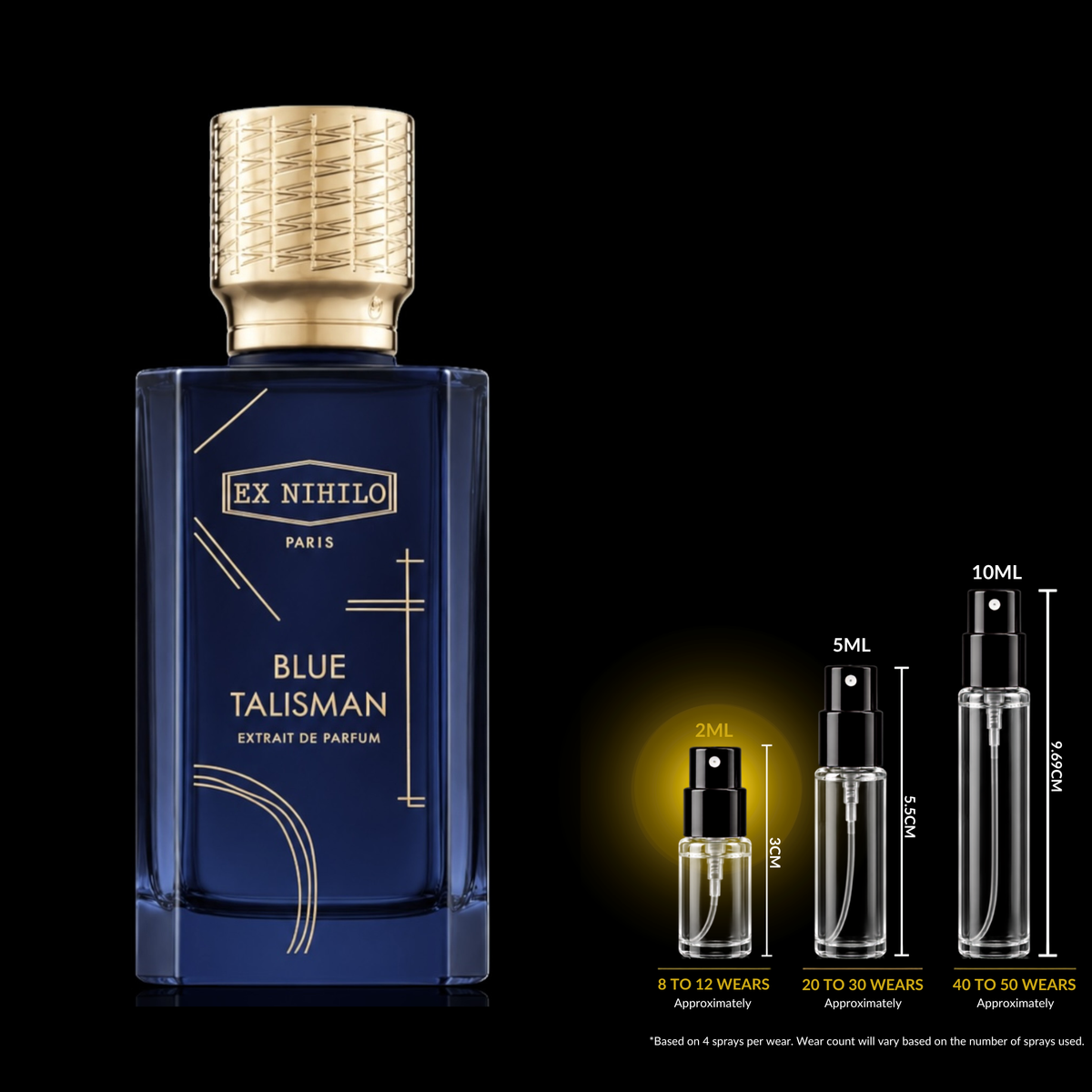 Ex Nihilo Blue Talisman Extrait source bottle shown with Rare Reserve Group 2ml fragrance decant atomizer. Original retail bottle not included.