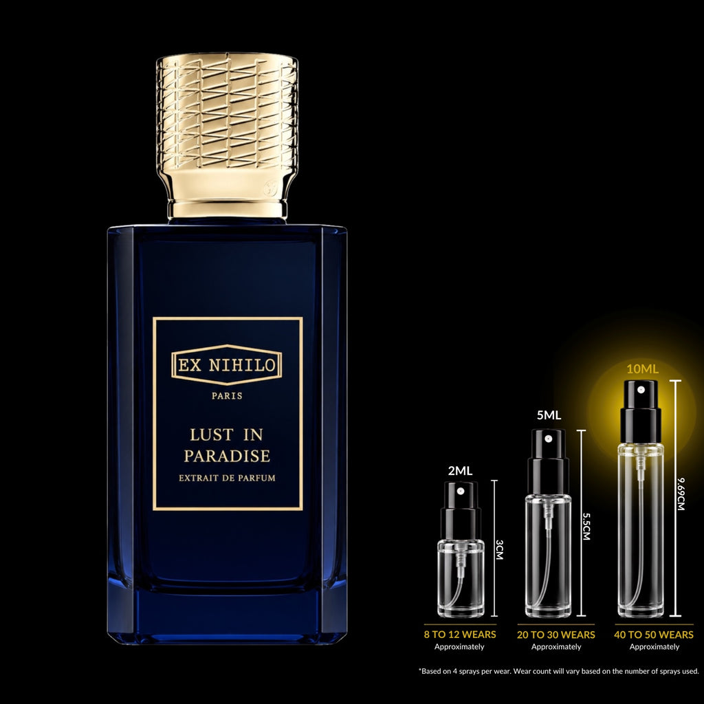 Ex Nihilo Lust in Paradise Extrait bottle with 10ML fragrance decant size highlighted