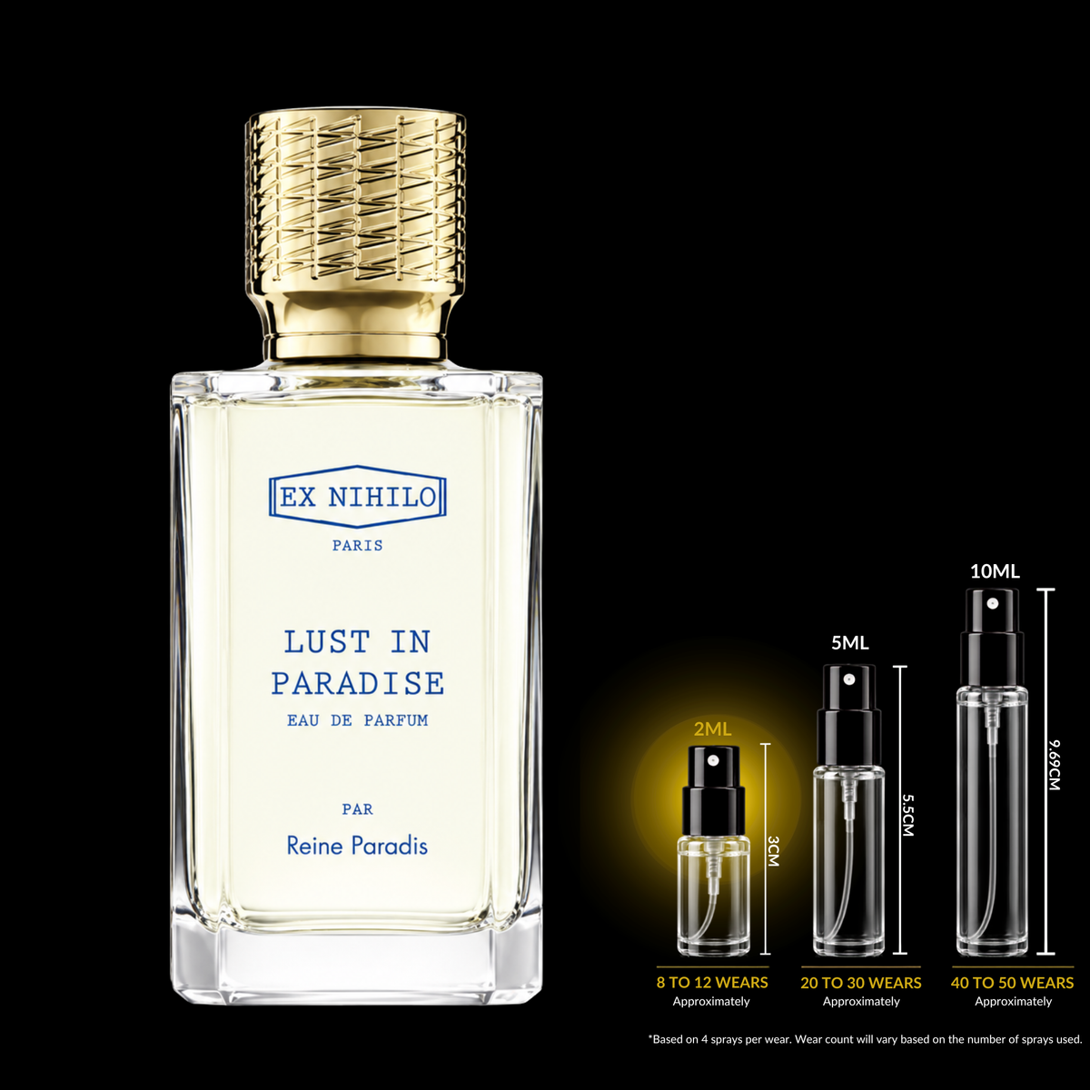 Ex Nihilo Lust in Paradise Reine Paradis perfume bottle with the 2ML fragrance decant size highlighted