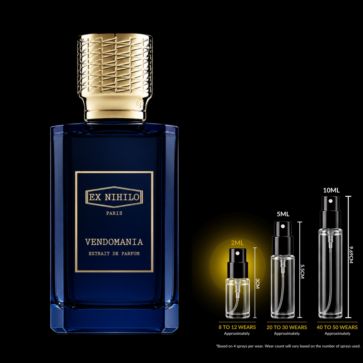 Ex Nihilo Vendomania Extrait source bottle shown with Rare Reserve Group 2ml fragrance decant atomizer. Original retail bottle not included.