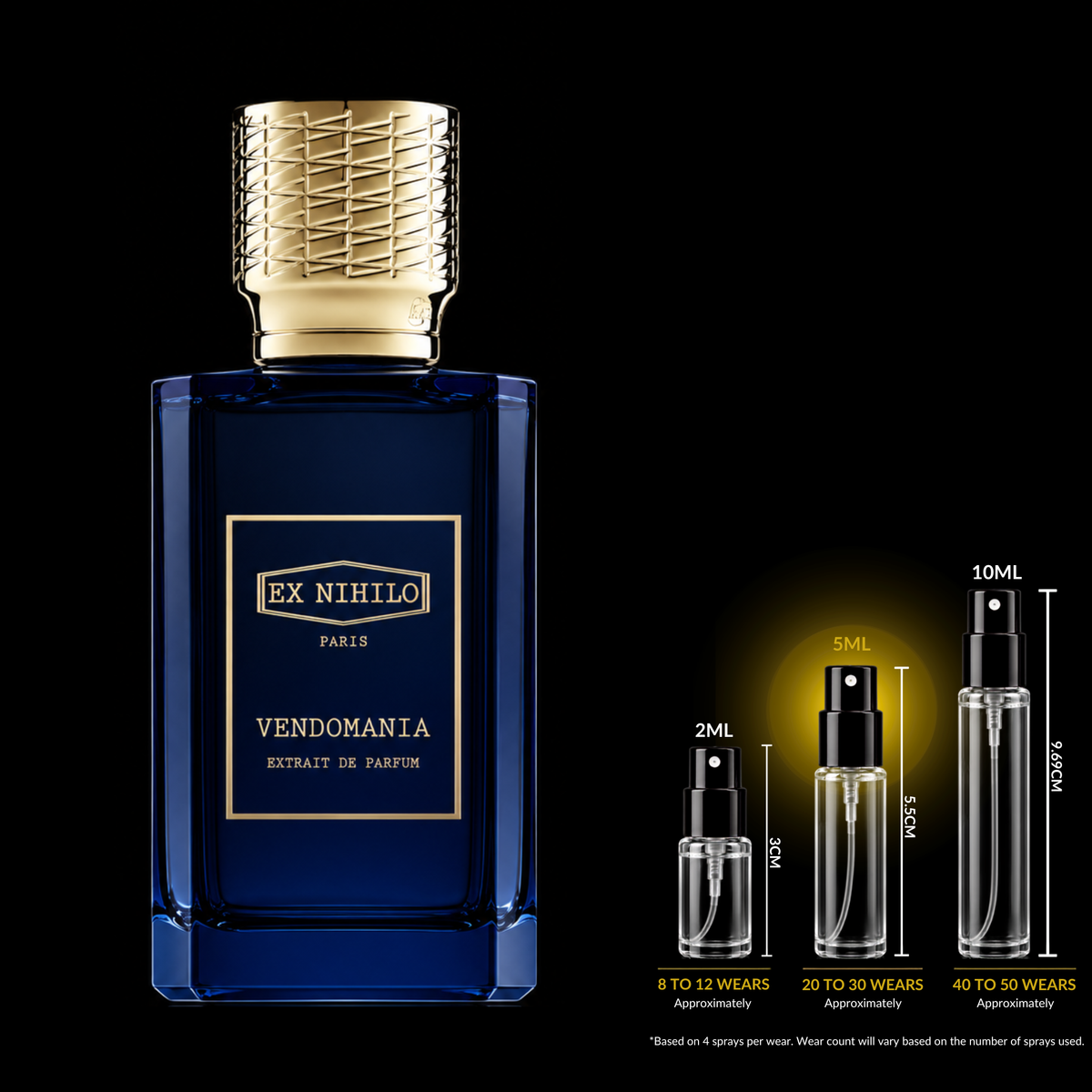 Ex Nihilo Vendomania Extrait source bottle shown with Rare Reserve Group 5ml fragrance decant atomizer. Original retail bottle not included.