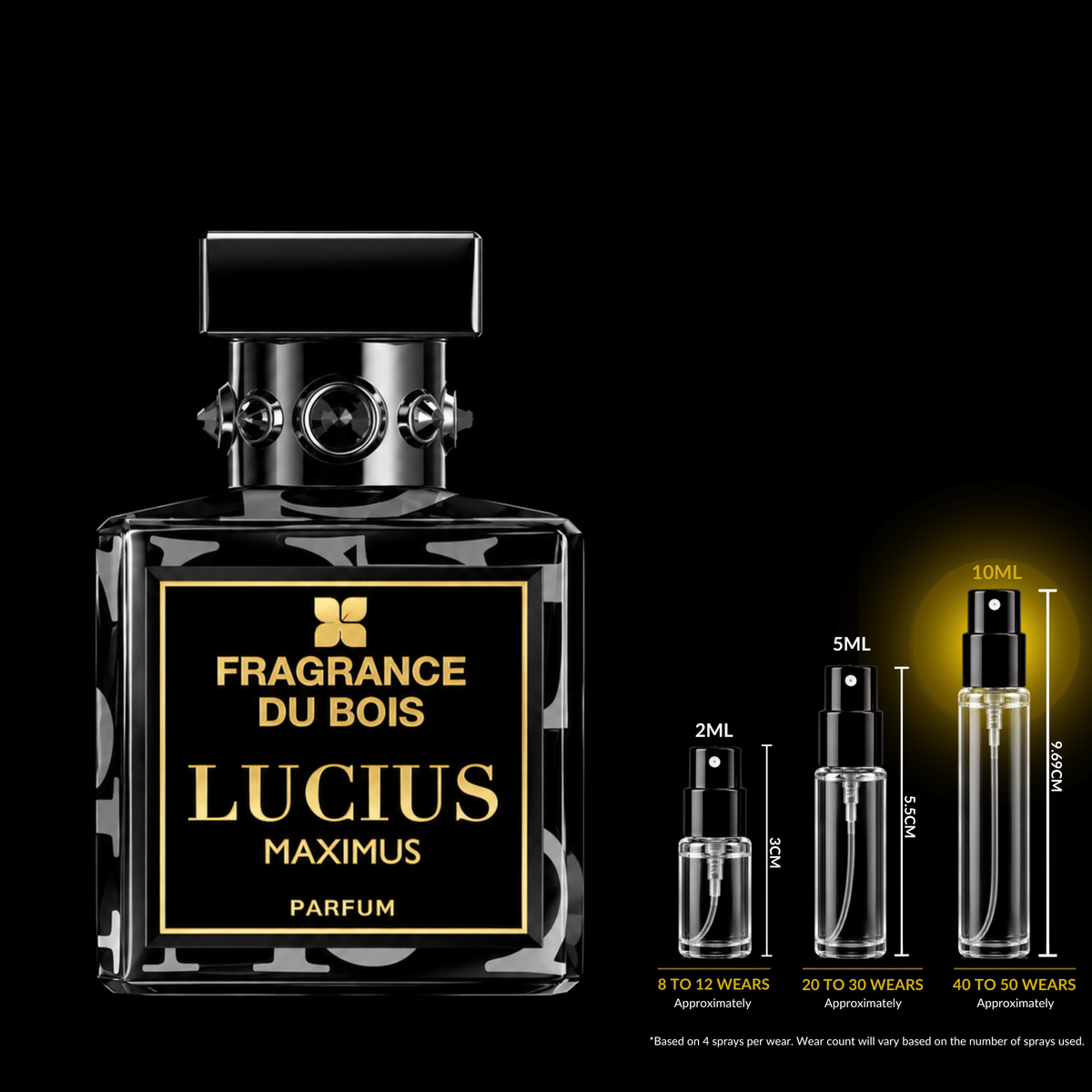 Fragrance du Bois Lucius Maximus source bottle shown with Rare Reserve Group 10ml fragrance decant atomizer. Original retail bottle not included.