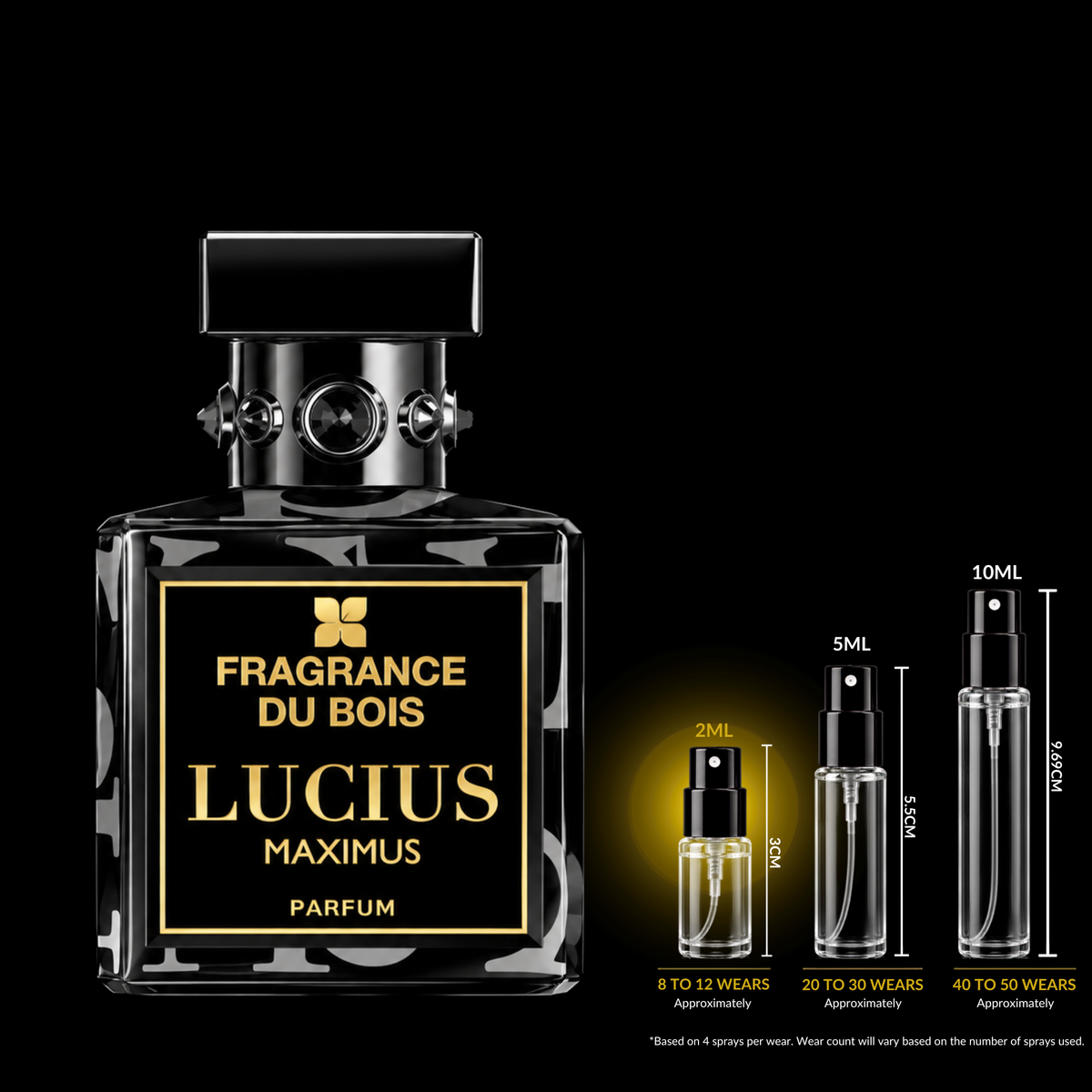 Fragrance du Bois Lucius Maximus source bottle shown with Rare Reserve Group 2ml fragrance decant atomizer. Original retail bottle not included.