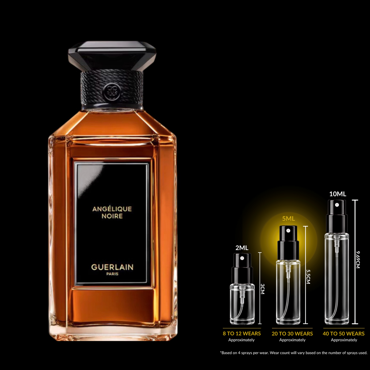 Guerlain Angélique Noire fragrance source bottle shown with Rare Reserve Group decant atomizers. Original retail bottle not included.