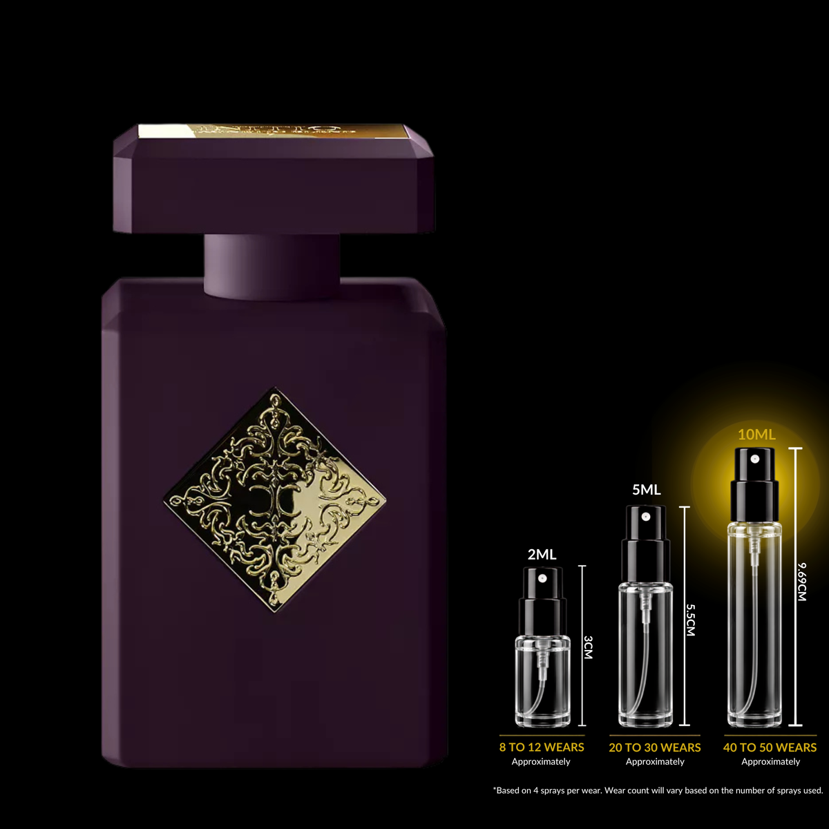 INITIO Parfums Privés Atomic Rose source bottle shown with Rare Reserve Group 10ml fragrance decant atomizer. Original retail bottle not included.