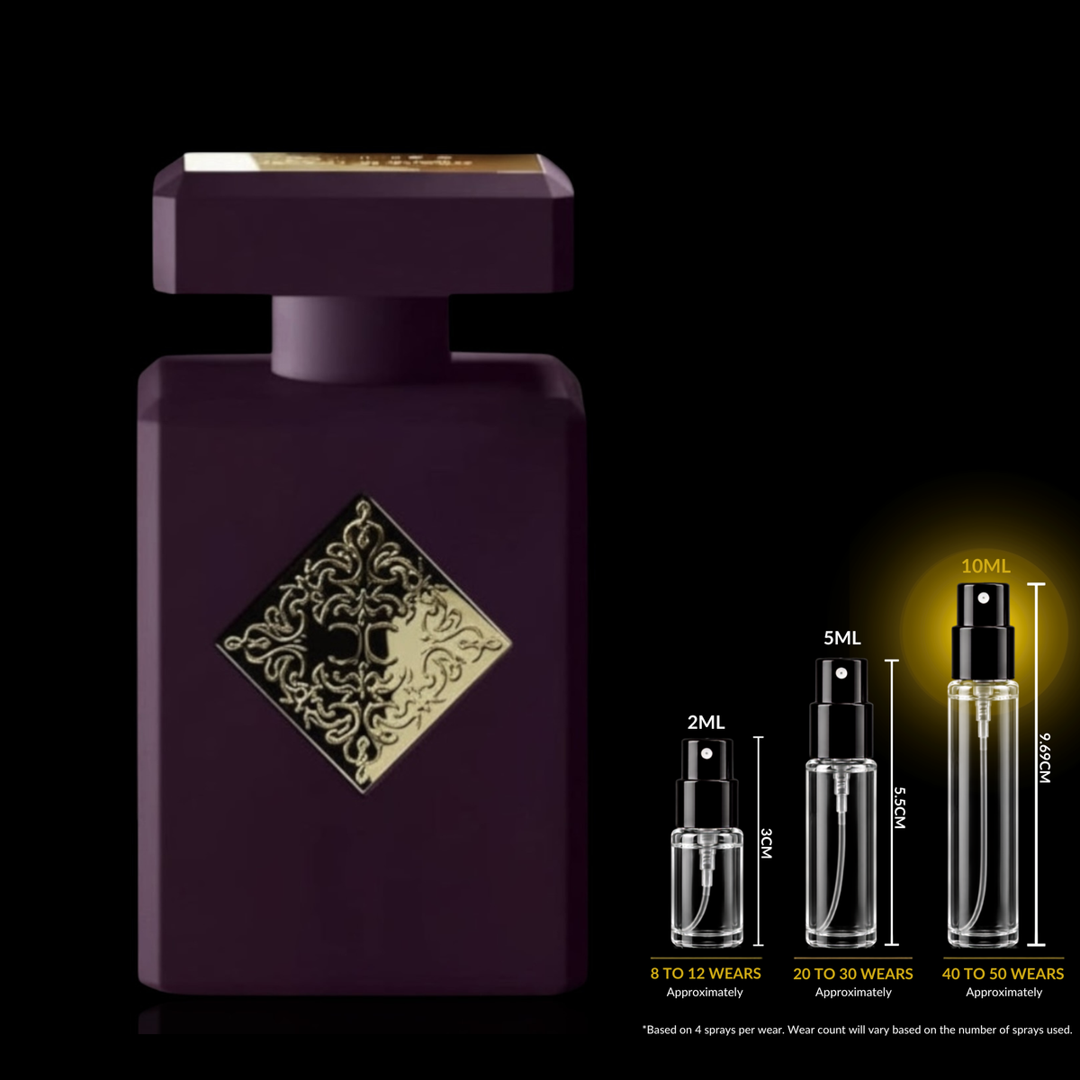 INITIO Parfums Privés Side Effect source bottle shown with Rare Reserve Group 10ml fragrance decant atomizer. Original retail bottle not included.