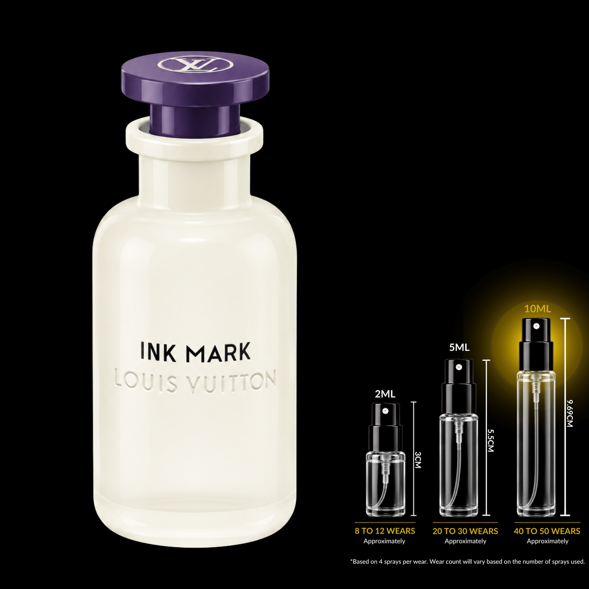 Louis Vuitton Ink Mark source bottle shown with 10ml decant spray size highlighted. Original retail bottle not included.