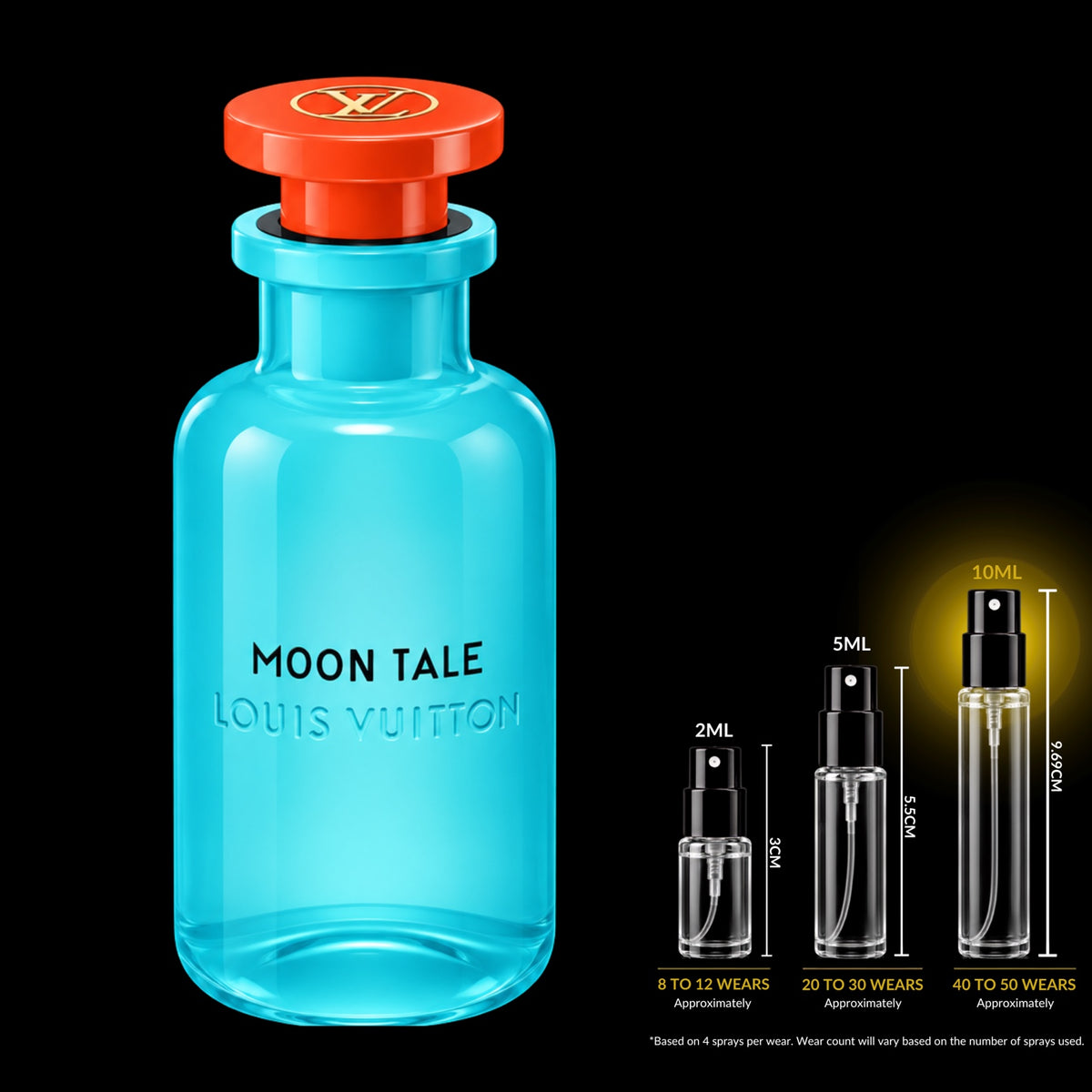 Louis Vuitton Moon Tale fragrance bottle with 10ML decant spray size highlighted
