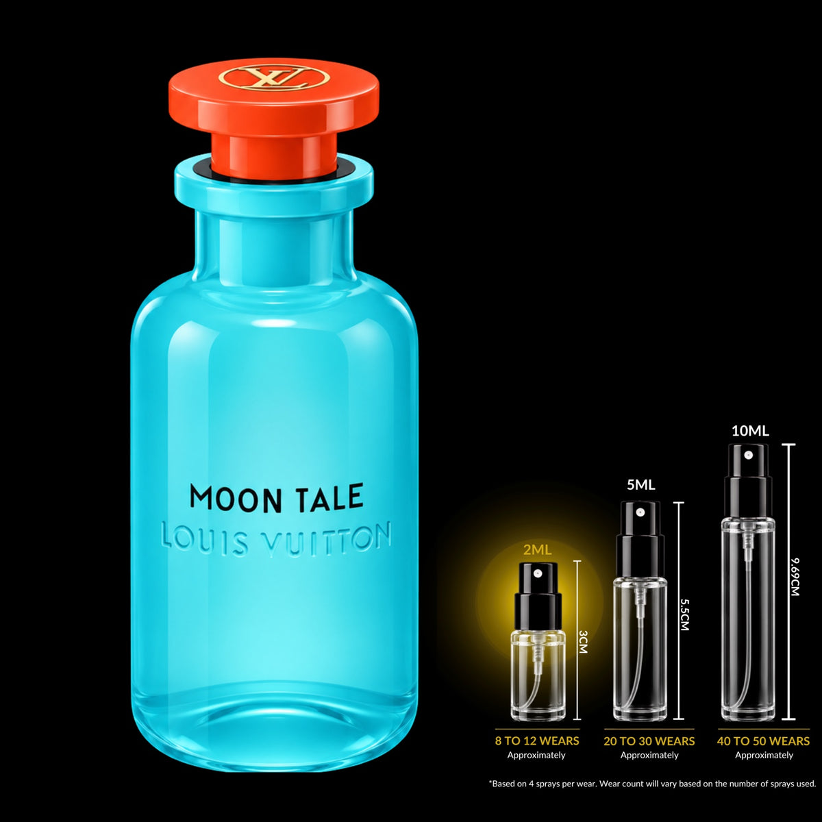 Louis Vuitton Moon Tale fragrance bottle with 2ML decant spray size highlighted
